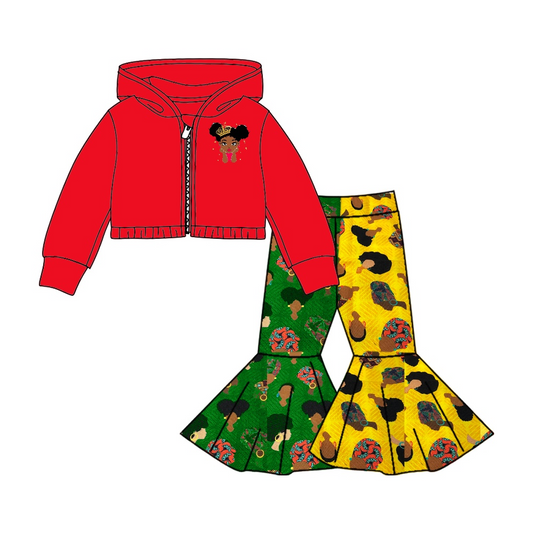 Red hooded jacket green yellow pants black history girls outfits