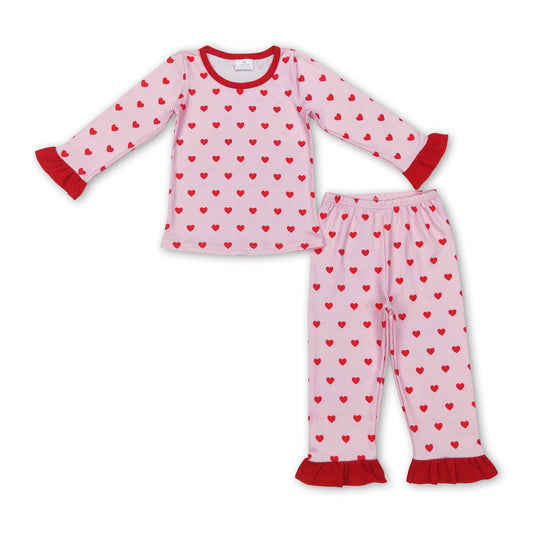 Pink heart ruffle long sleeves girls Valentine's day pajamas