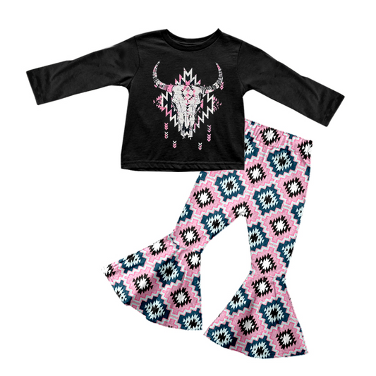 Black bull skull pink aztec pants girls clothing set