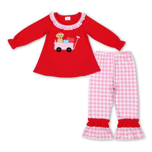 Red dog heart tunic plaid pants girls Valentine's outfits