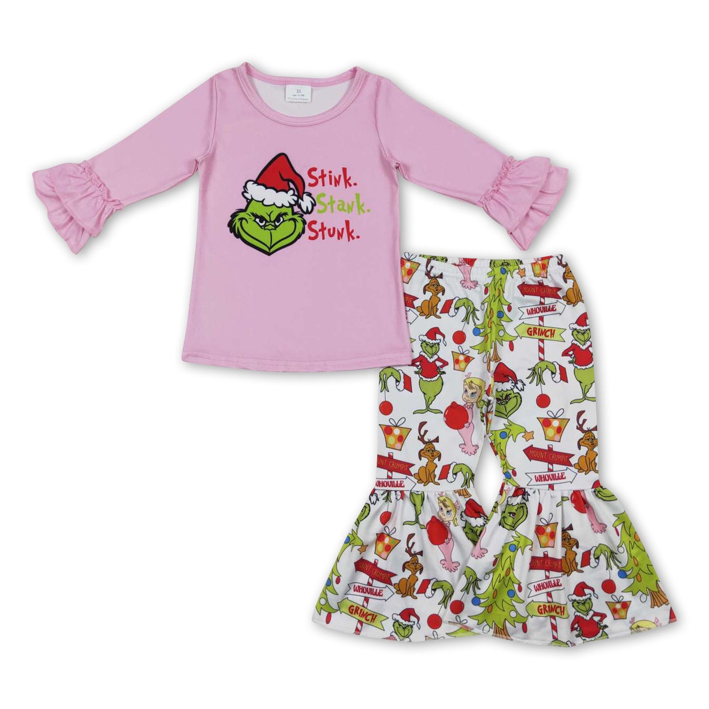 Pink ruffle top green face pants girls Christmas clothes