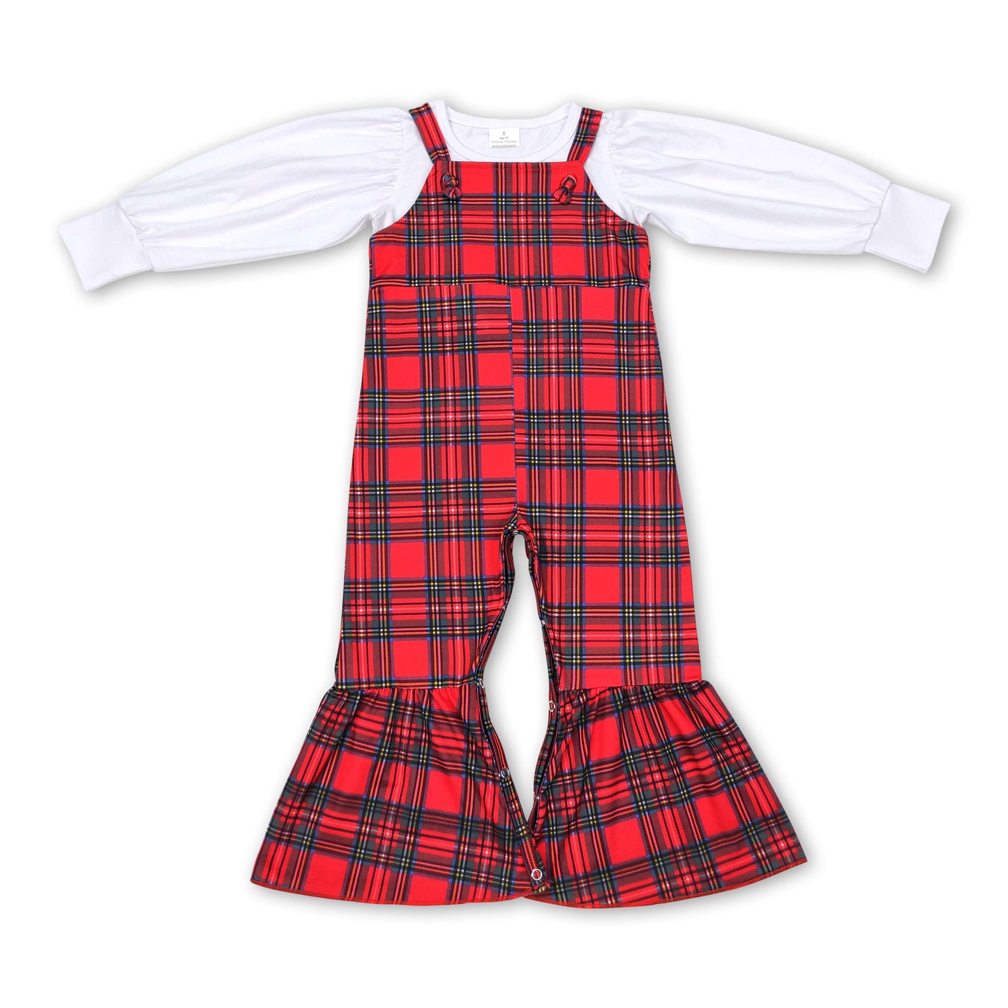 White top red green plaid jumpsuit white shirt girls Christmas outfits