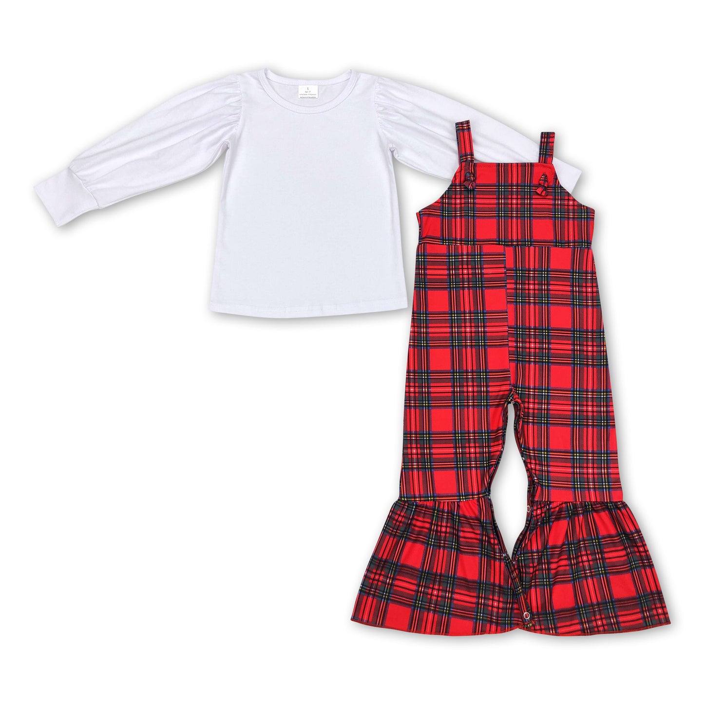 White top red green plaid jumpsuit white shirt girls Christmas outfits