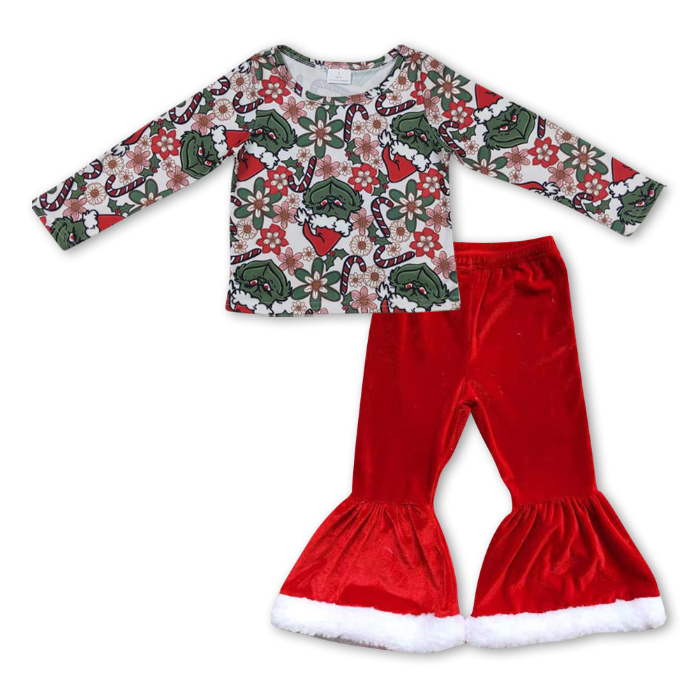 Floral green face top velvet pants girls Christmas set