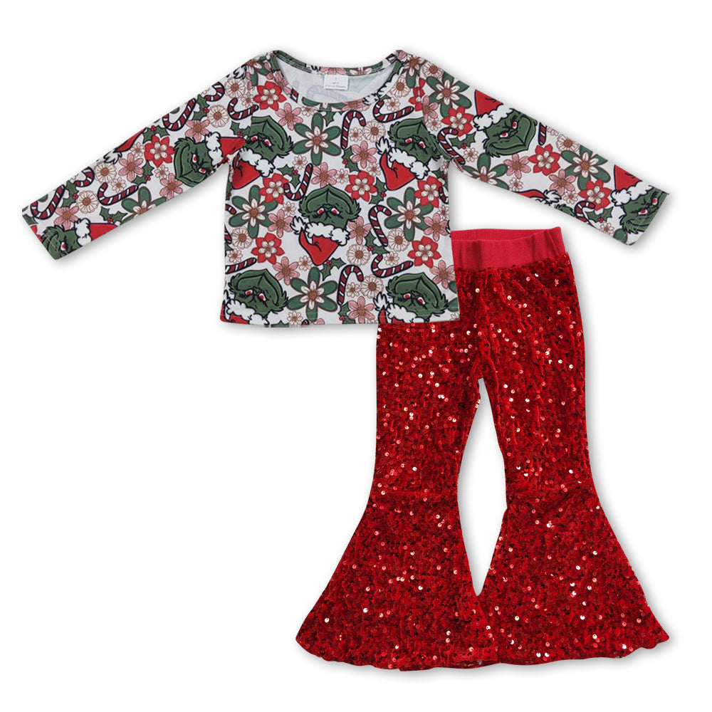 Floral green face top sequin pants girls Christmas set