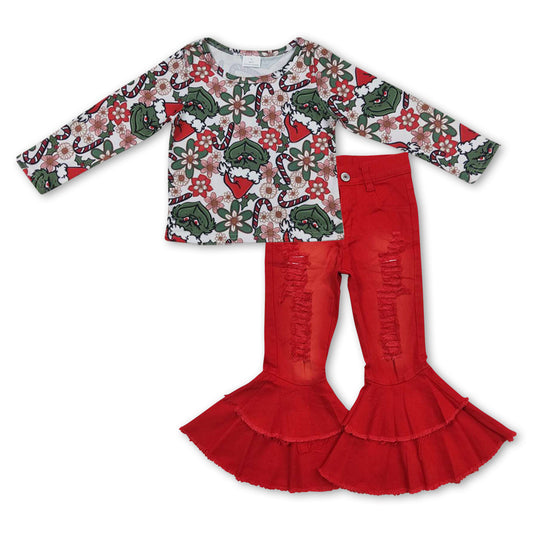 Floral green face top red jeans girls Christmas set