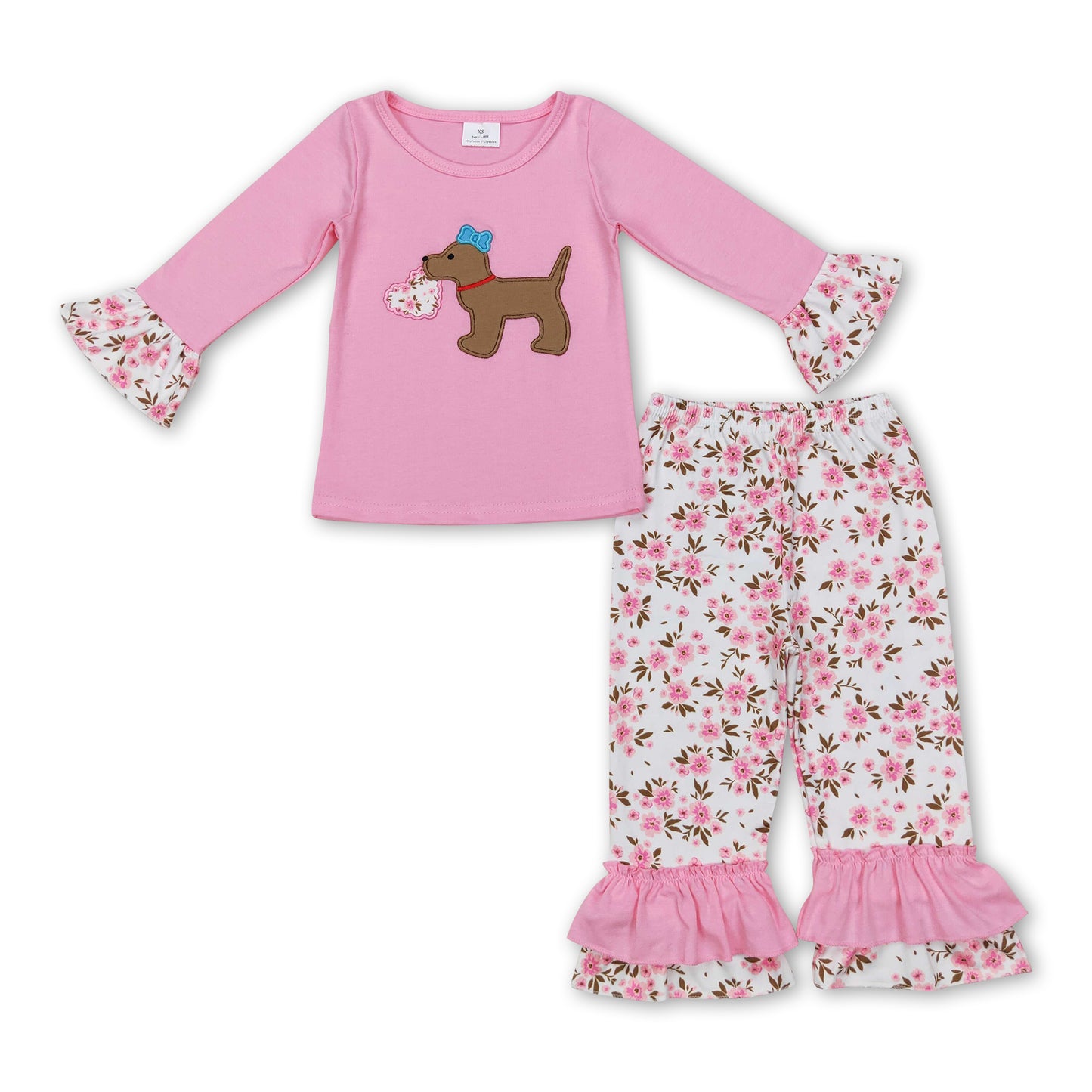 Pink dog heart top floral pants girls valentine's outfits