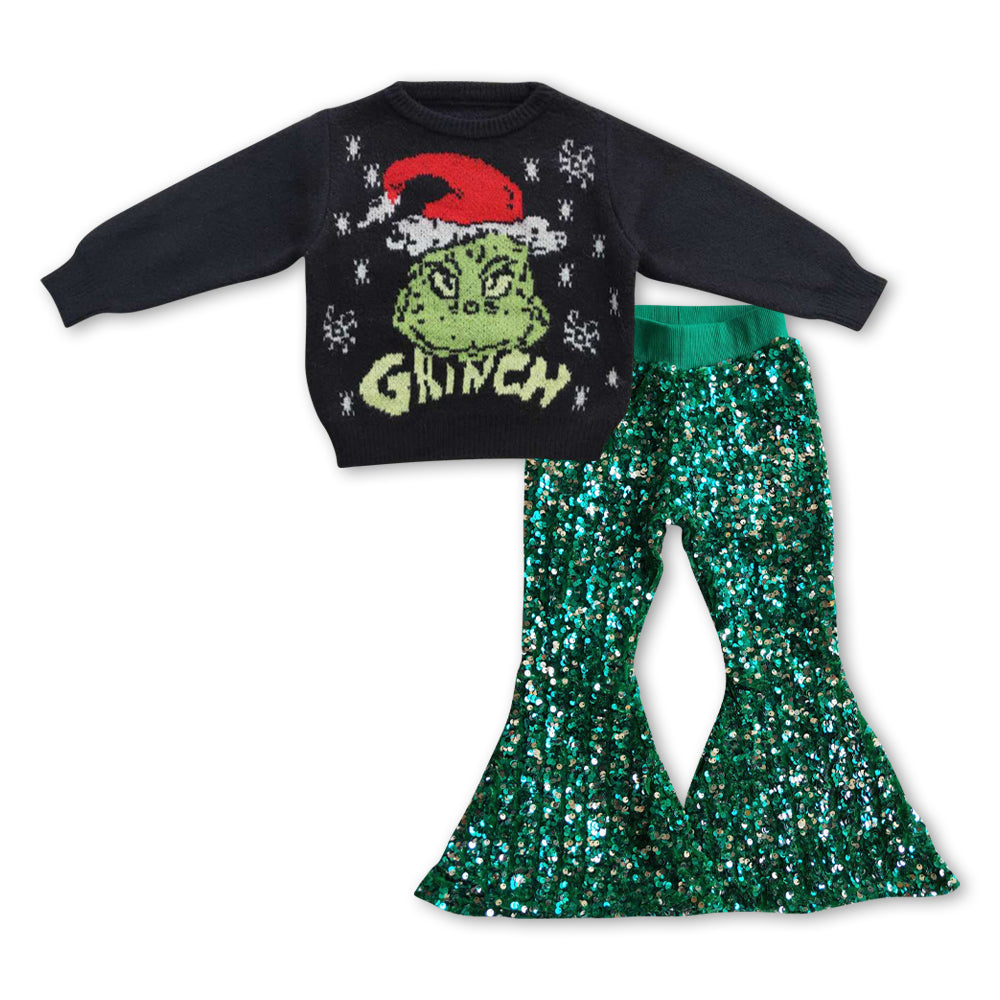 Green face sweater sequin pants girls Christmas clothes