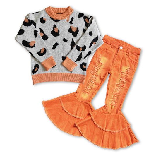 Leopard sweater orange jeans girls winter clothes