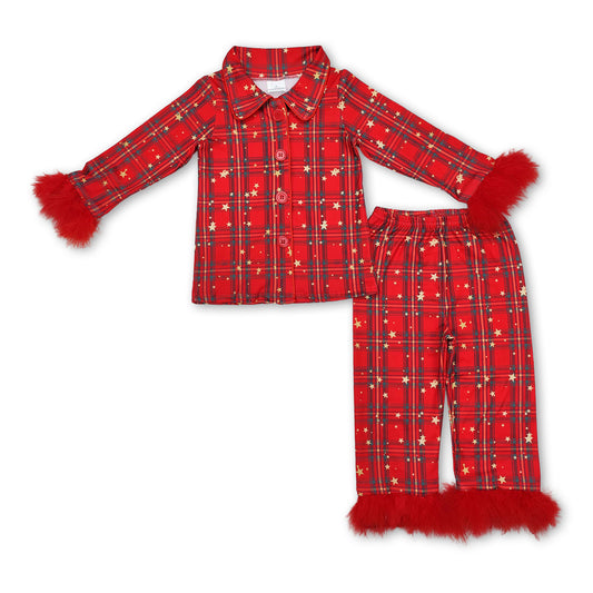 Red stars plaid kids girls button down Christmas pajamas