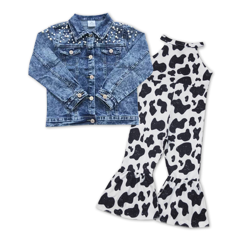 Pearl jacket cow print jumpsuit girls clothing set