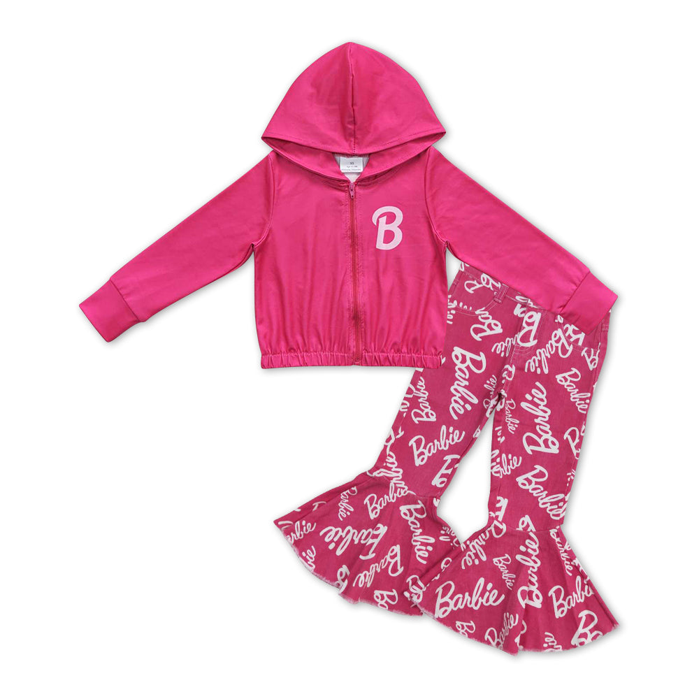 Hot pink B jacket ruffle jeans party girls clothing set