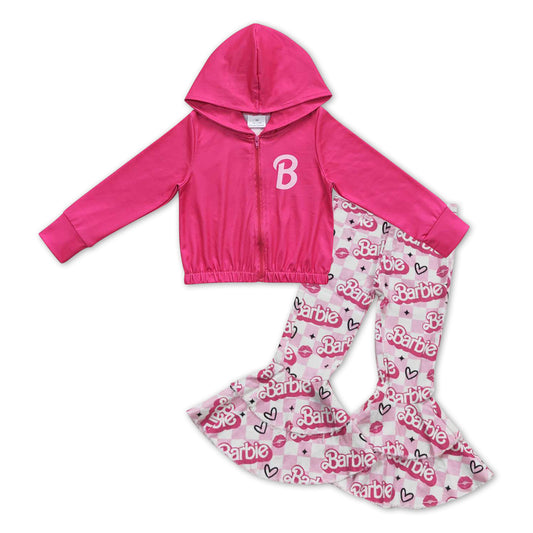 Hot pink B jacket plaid jeans party girls clothing set