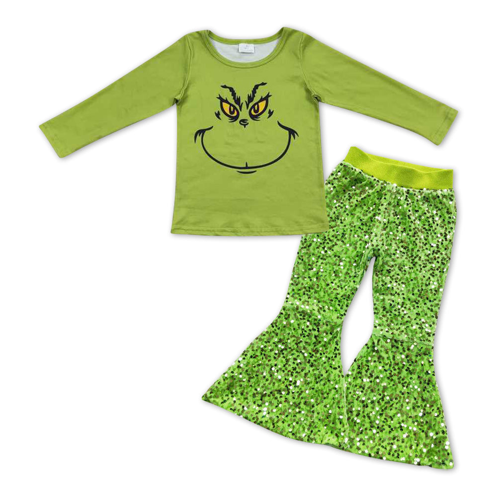 Green face top sequin pants girls Christmas clothing