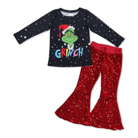 Stars green face top red sequin pants girls Christmas set