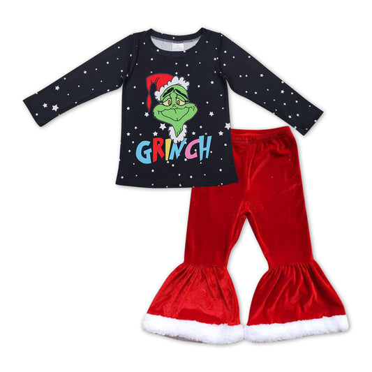 Stars green face top velvet pants girls Christmas clothes