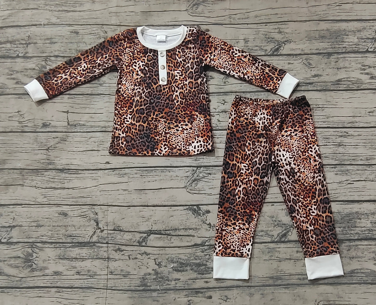 Brown leopard long sleeves kids girls pajamas