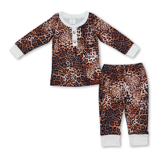 Brown leopard long sleeves kids girls pajamas