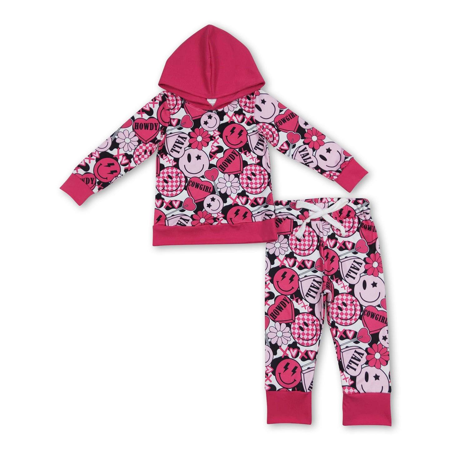 Cowgirl smile flower heart girls valentines hoodie set