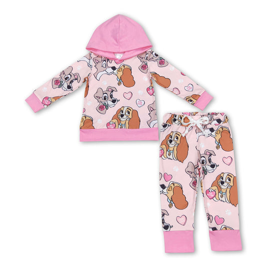 Pink heart dog hoodie set girls valentine's clothing