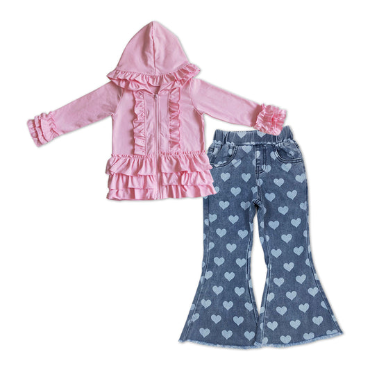 Pink zipper ruffle jacket heart jeans girls valentine's outfits