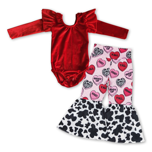 Red velvet romper heart cow pants girls valentine's outfits