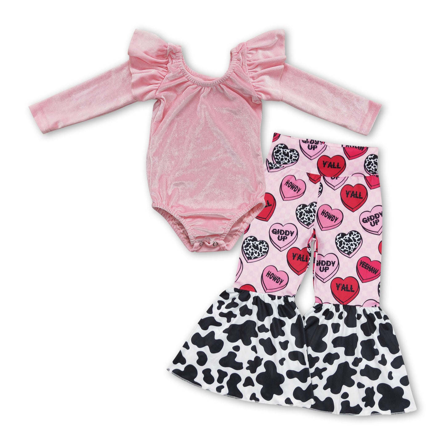 Pink velvet romper heart cow pants girls valentine's outfits