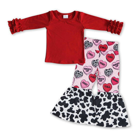 Red top cow print howdy heart pants girls valentine's set