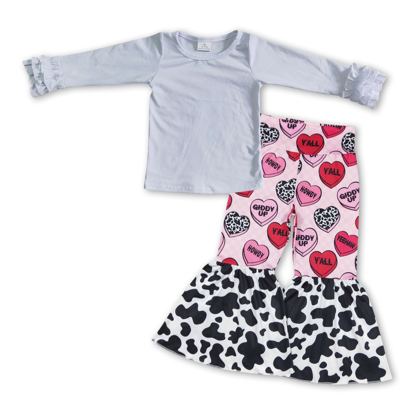 White top cow print howdy heart pants girls valentine's set