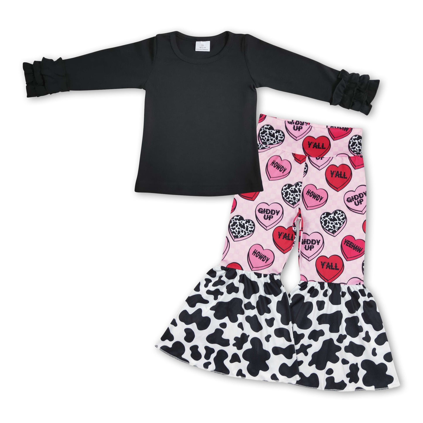 Black top cow print howdy heart pants girls valentine's set