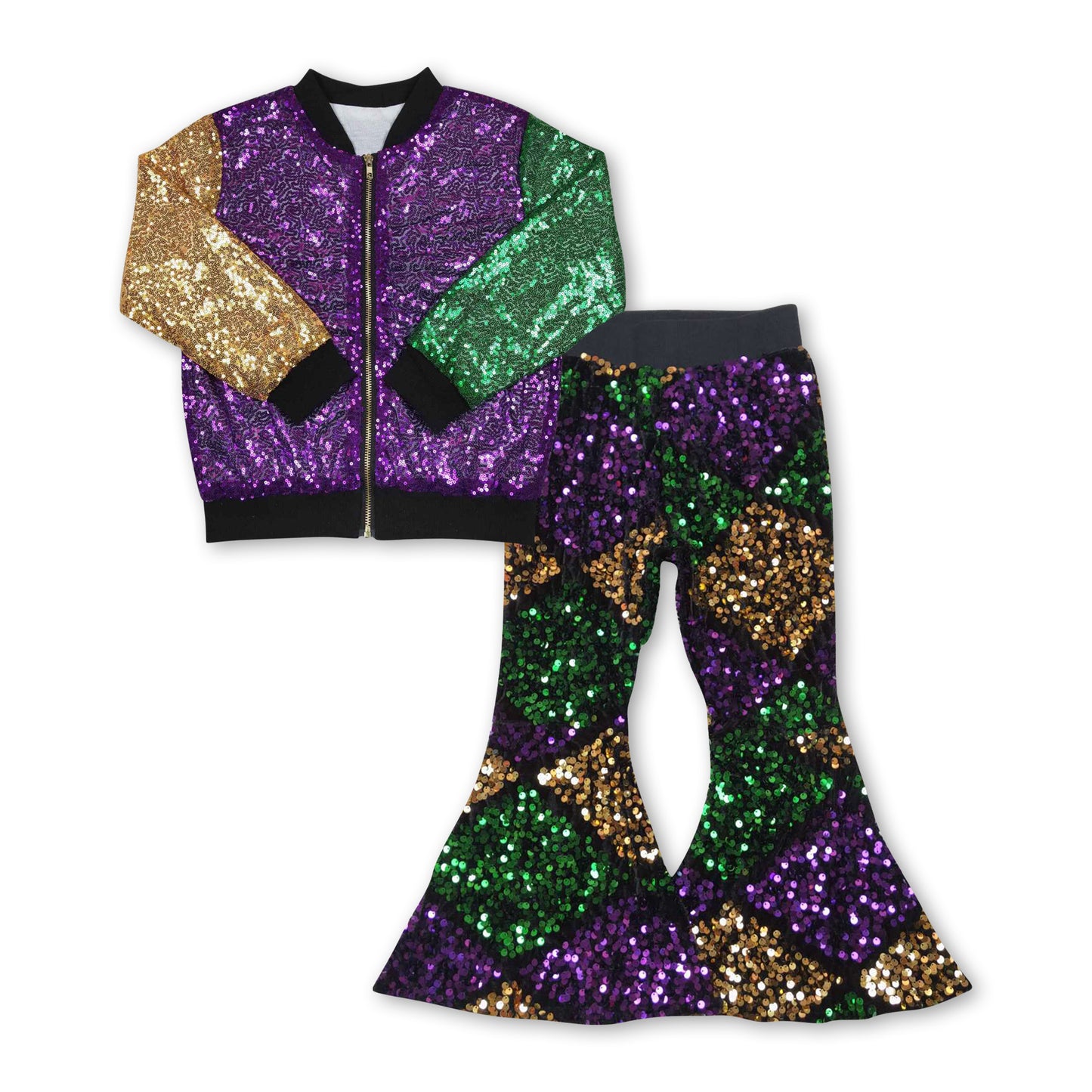 Purple gold green sequin jacket pants girls outfits