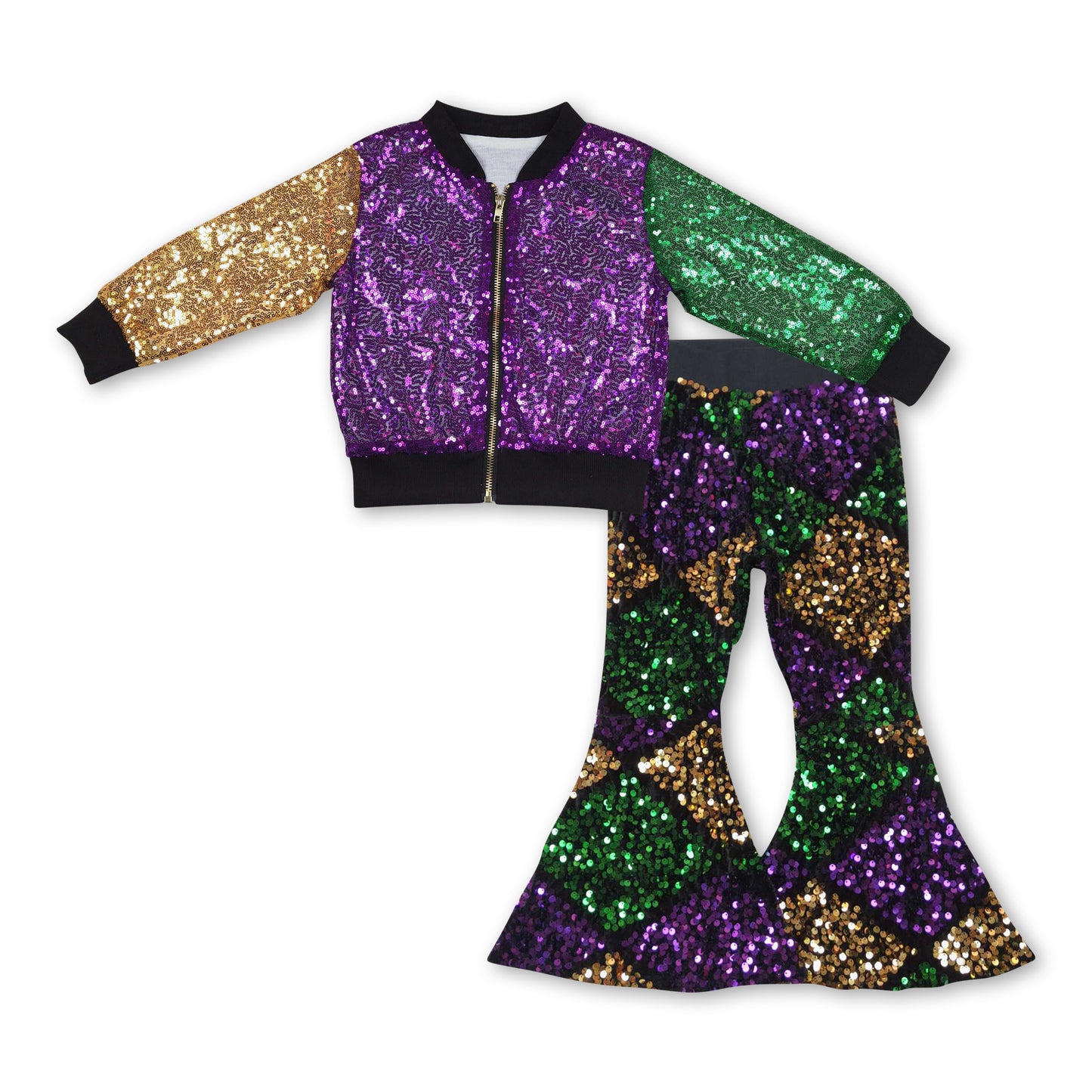 Purple gold green sequin jacket pants girls outfits