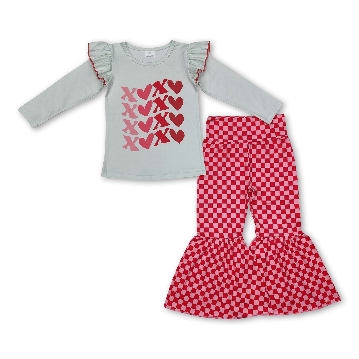 Heart top plaid belll bottom pants girls valentine's set