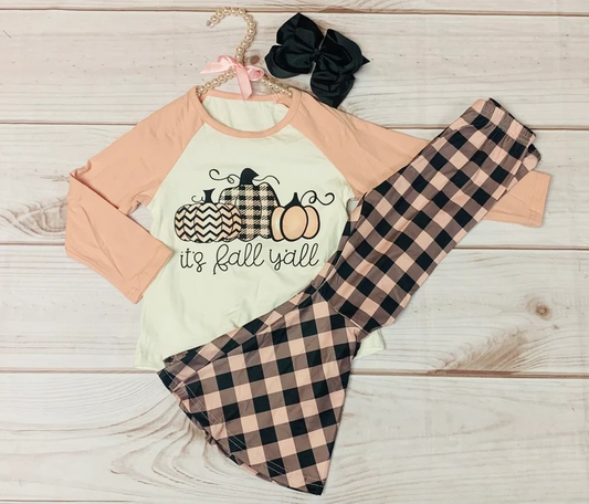 It's fall y'all pumpkin raglan plaid pants girls clothing