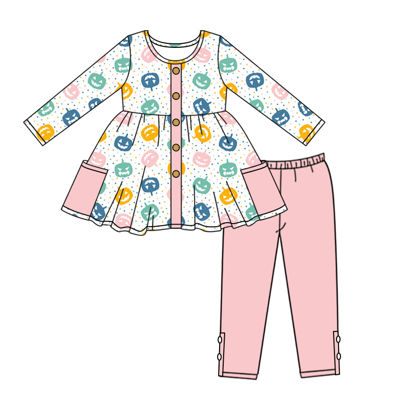 Pockets pumpkin tunic pink leggings girls Halloween set