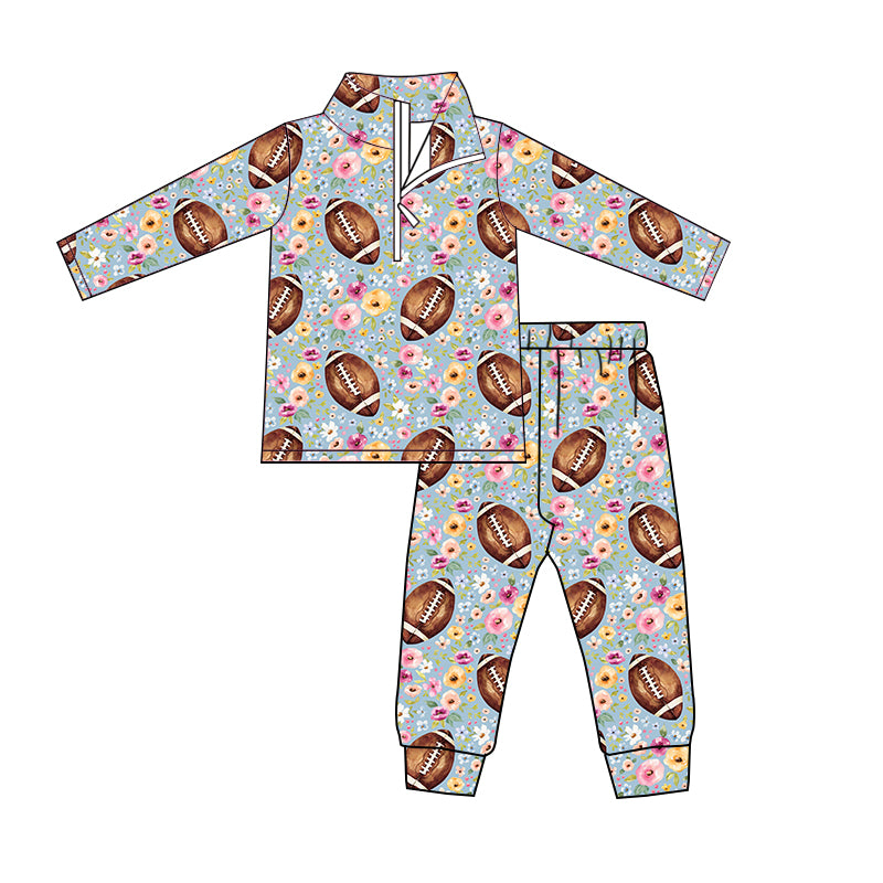 Floral football pullover pants kids girls clothing set