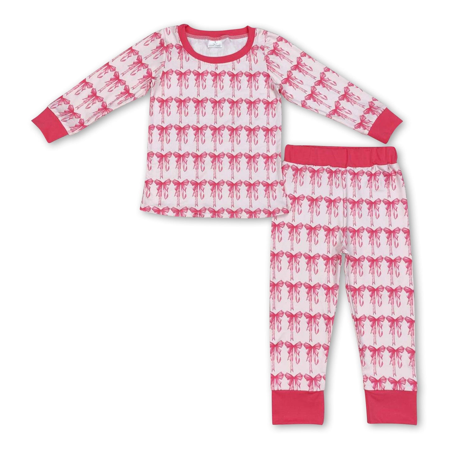 Long sleeves pink bow kids girls pajamas