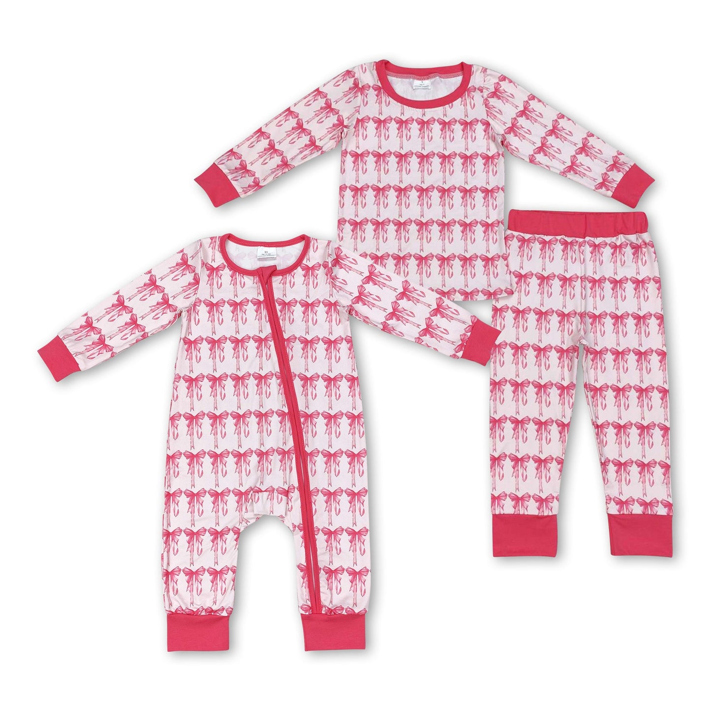 Long sleeves pink bow kids girls pajamas