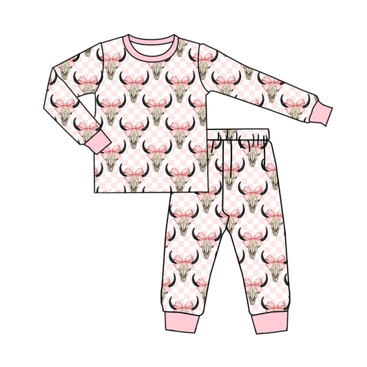 Long sleeves pink plaid bow cow kids girls pajamas