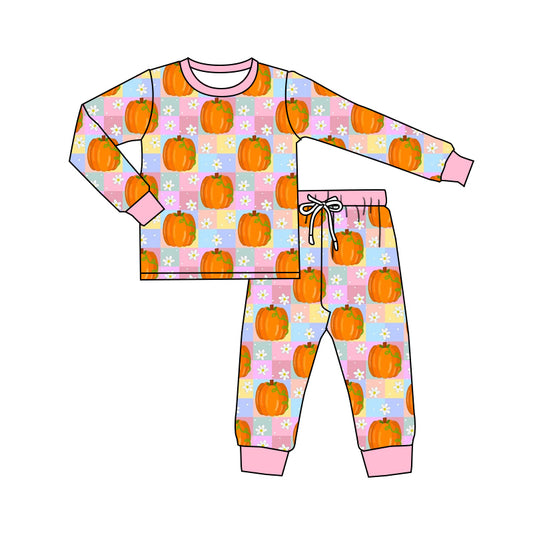 Long sleeves pink plaid pumpkin baby girls fall pajamas