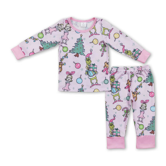 Pink jingle bell green face baby girls Christmas pajamas