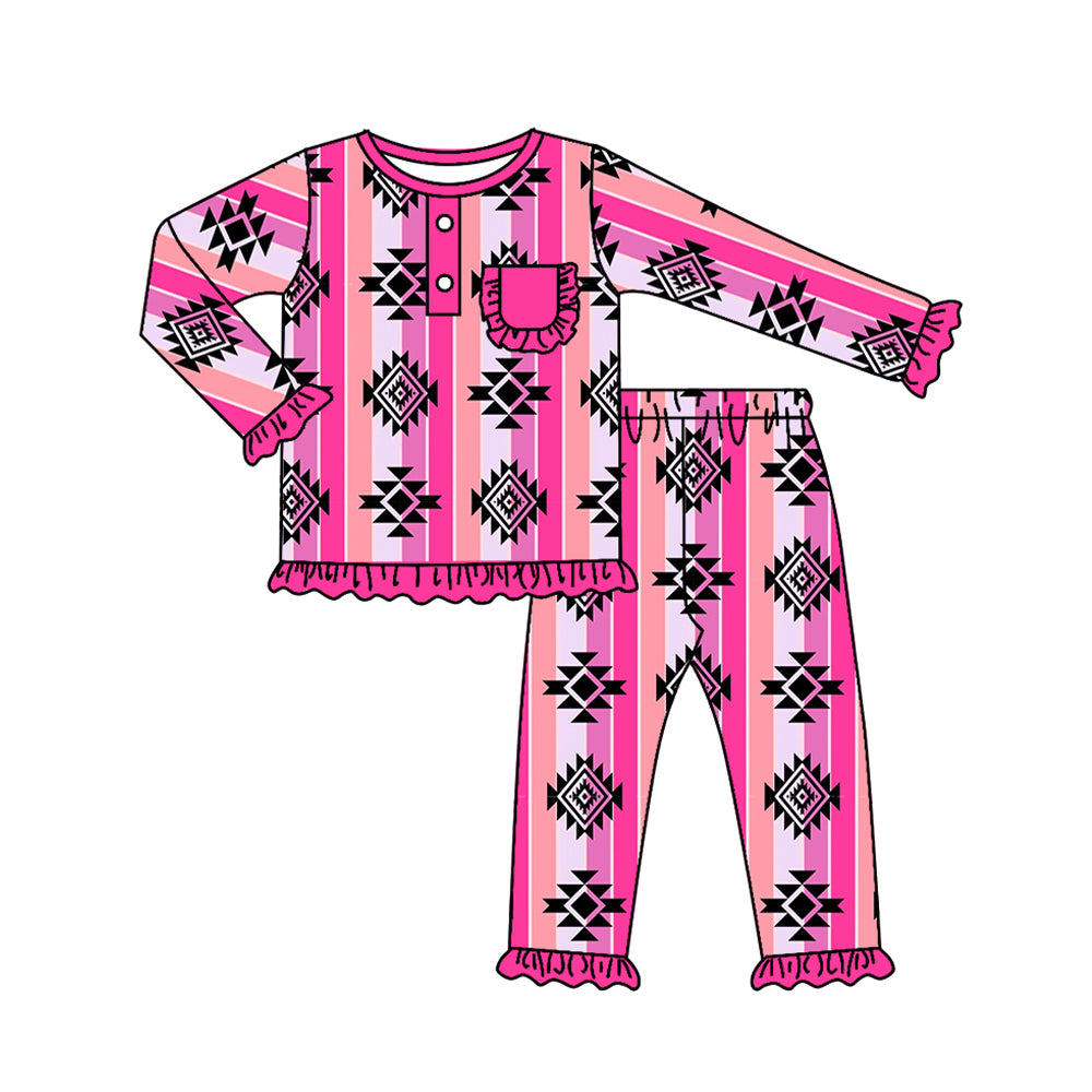 Long sleeves aztec stripe pockets girls pajamas