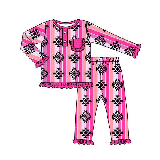 Long sleeves aztec stripe pockets girls pajamas