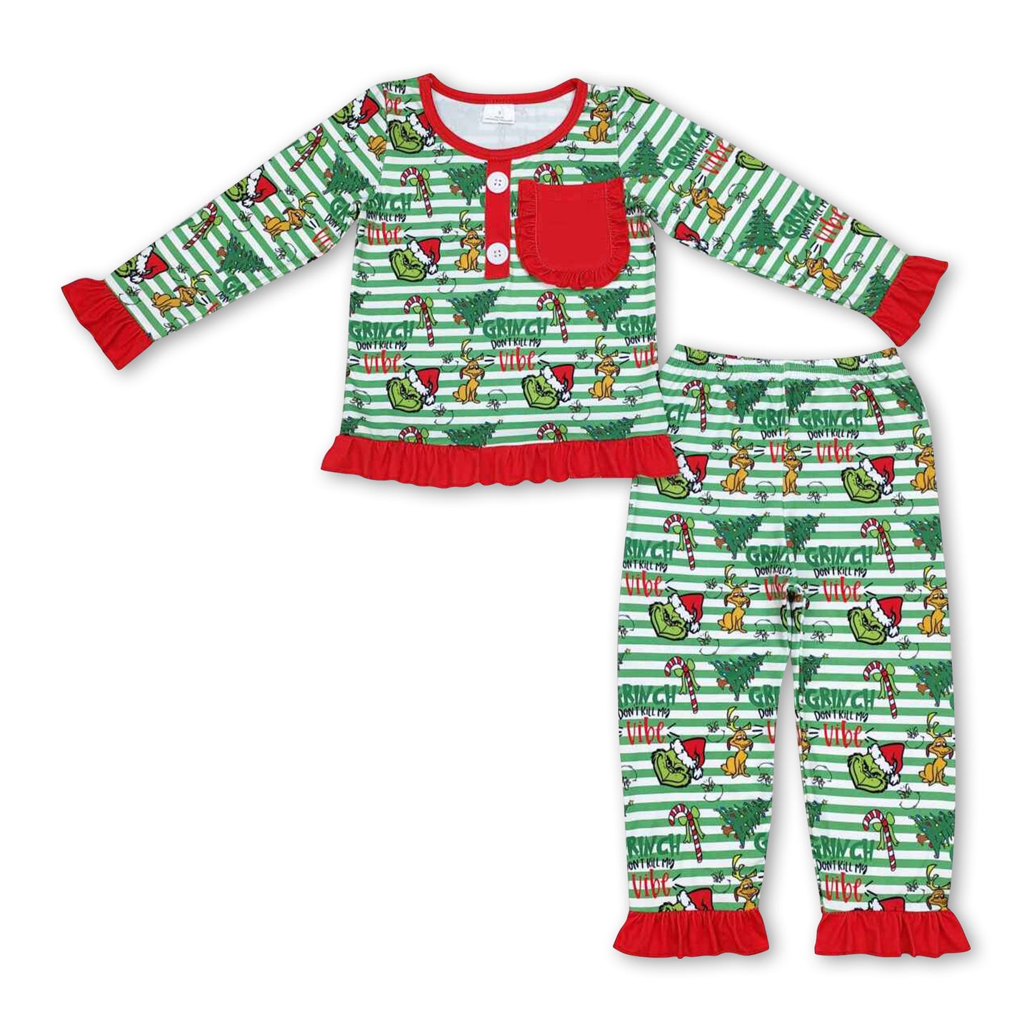 Stripe green face candy cane kids girls Christmas pajamas