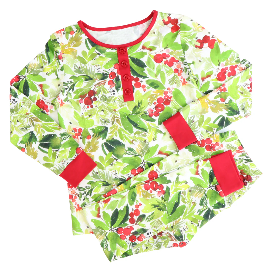 Long sleeves green red kids girls Christmas pajamas