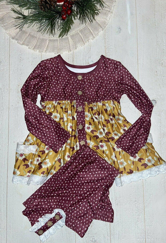 Maroon long sleeves floral tunic kids girls fall clothing