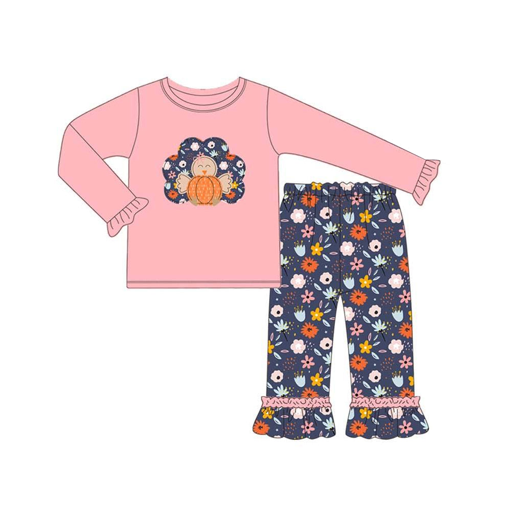 Floral pumpkin turkey top pants girls Thanksgiving outfits