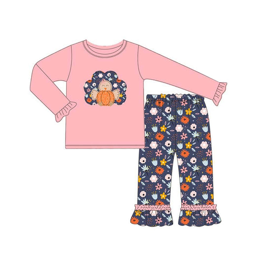 Floral pumpkin turkey top pants girls Thanksgiving outfits