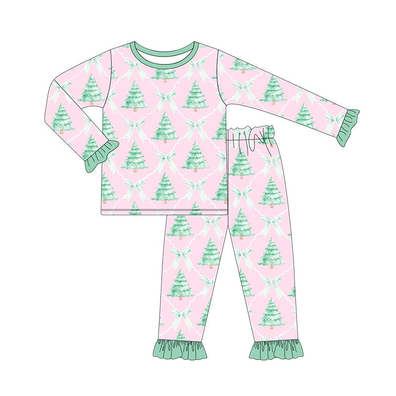 Pink Christmas tree bow kids girls pajamas