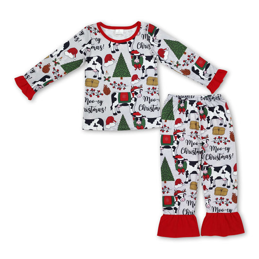 Cows Christmas tree bow kids girls pajamas